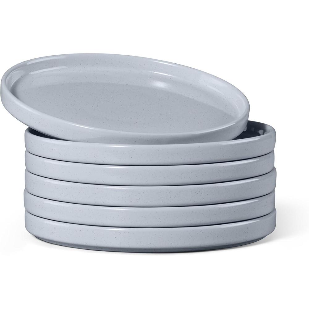 E-far White Dinner Plates Set of 6, 10.5 Inch Stoneware Dinner Plates with Raised Edges, Chip & Scratch Resistant | Microwave & Dishwasher Safe Modern Ceramic Dishes for Dessert Salad, Speckled White(Haze Gray)