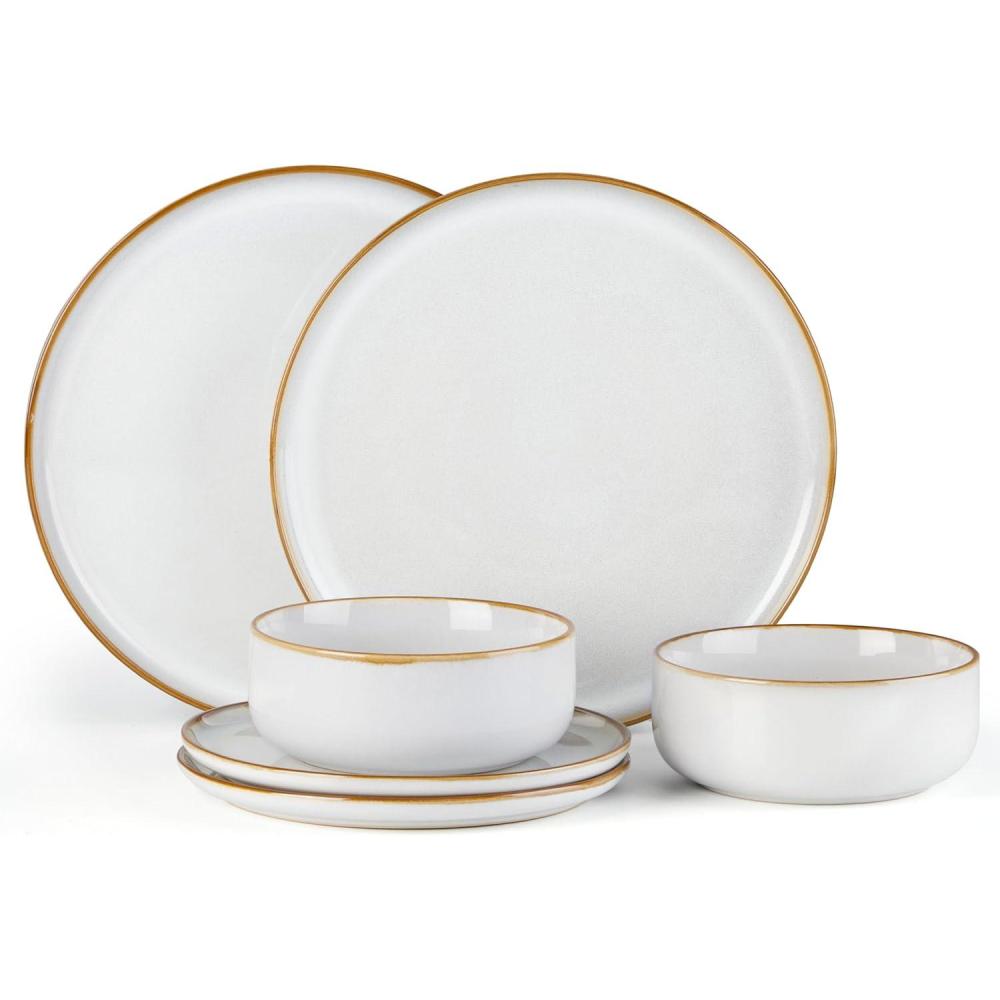 E-far 12-Piece Reactive Glaze Dinnerware Sets, Ceramic Dishes Set for 4, Stoneware Plates and Bowls Dinning Ware, Microwave & Dishwasher Safe – Ocean Blue(Seashell White)