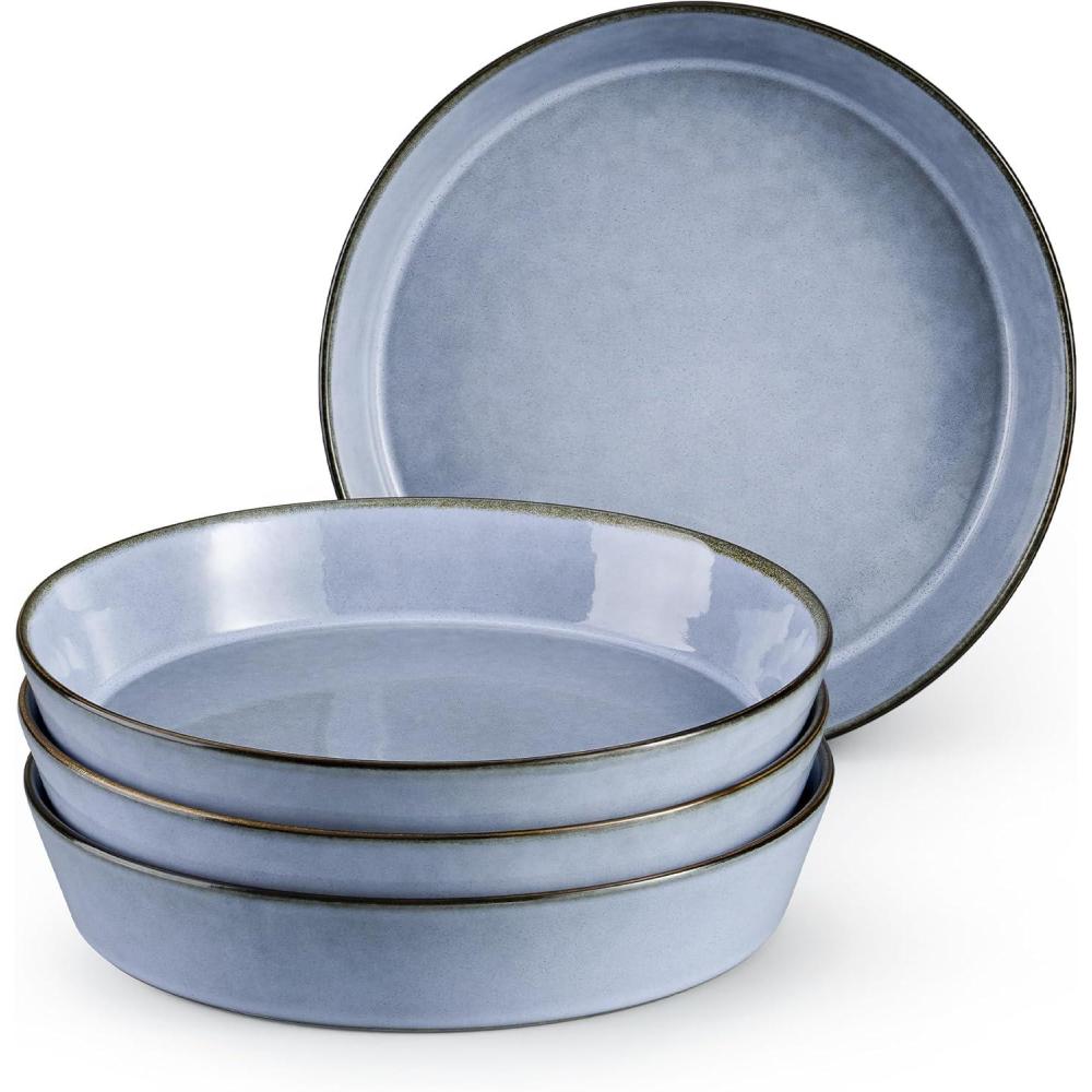 E-far Pasta Bowls, 34oz Stoneware Bowl Plate for Dinner Serving Soup Salad, Wide & Shallow Large Ceramic Pasta Plate Set of 4, Microwave & Dishwasher Safe, Speckled White, 8.7(Ocean Blue)
