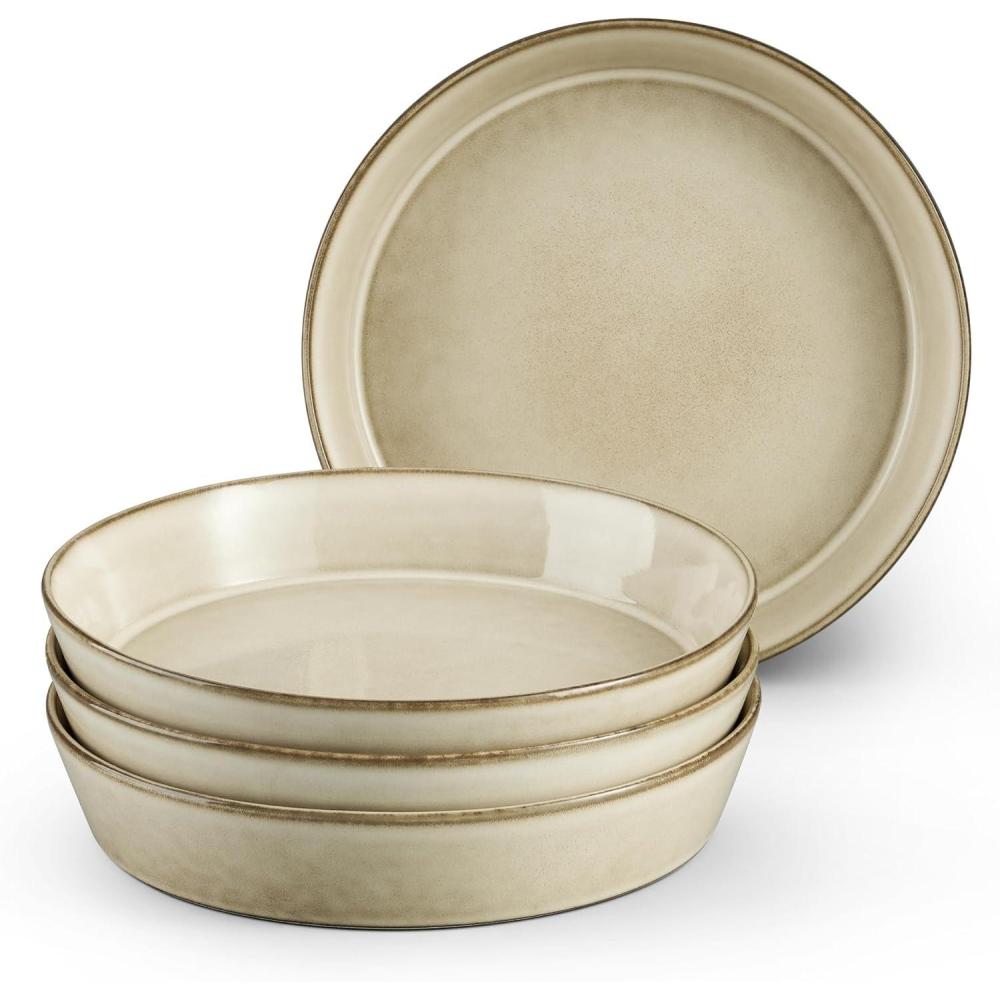 E-far Pasta Bowls, 34oz Stoneware Bowl Plate for Dinner Serving Soup Salad, Wide & Shallow Large Ceramic Pasta Plate Set of 4, Microwave & Dishwasher Safe, Speckled White, 8.7(Sandy Khaki)