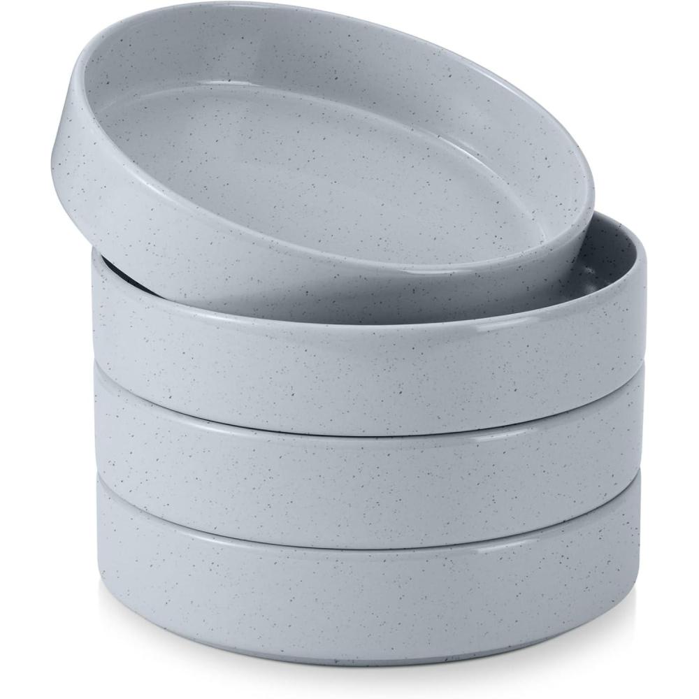 E-far Pasta Bowls Set of 4-35oz Shallow Ceramic Bowl Plates for Serving Dinner, Soup & Salad | Stoneware Pasta Plates | Microwave & Dishwasher Safe | Matte Black(Haze Gray)