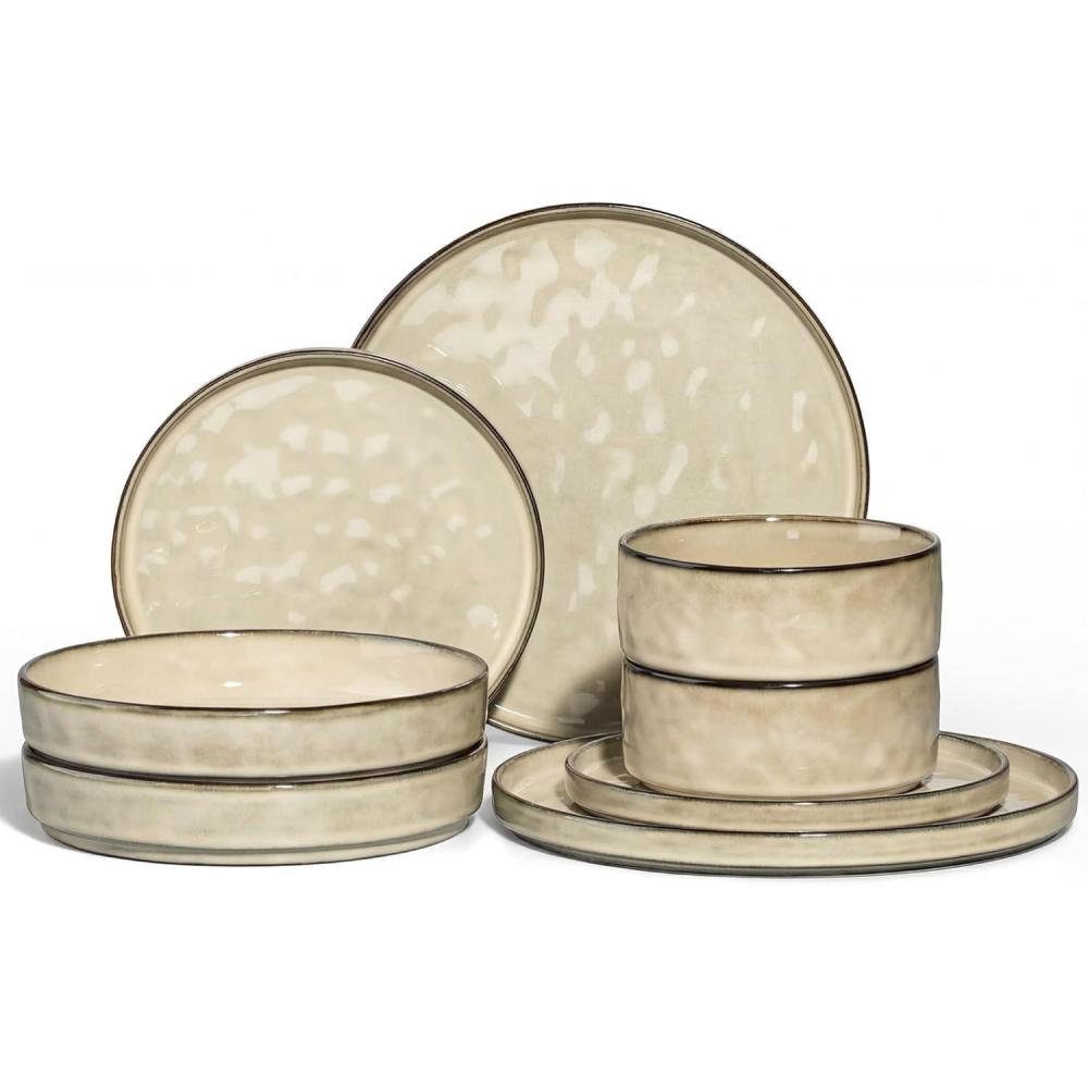 E-far 16-Piece Plates and Bowls Sets with Pasta Bowls – Stoneware Dinnerware Set for 4, Modern Ribbed Dishes, Microwave & Dishwasher Safe, Multicolor(Sandy Khaki)