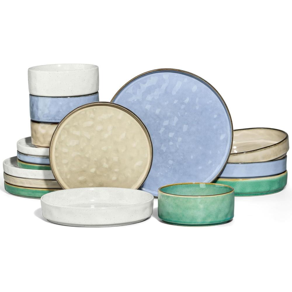 E-far 16-Piece Plates and Bowls Sets with Pasta Bowls – Stoneware Dinnerware Set for 4, Modern Ribbed Dishes, Microwave & Dishwasher Safe, Multicolor(Multicolor)