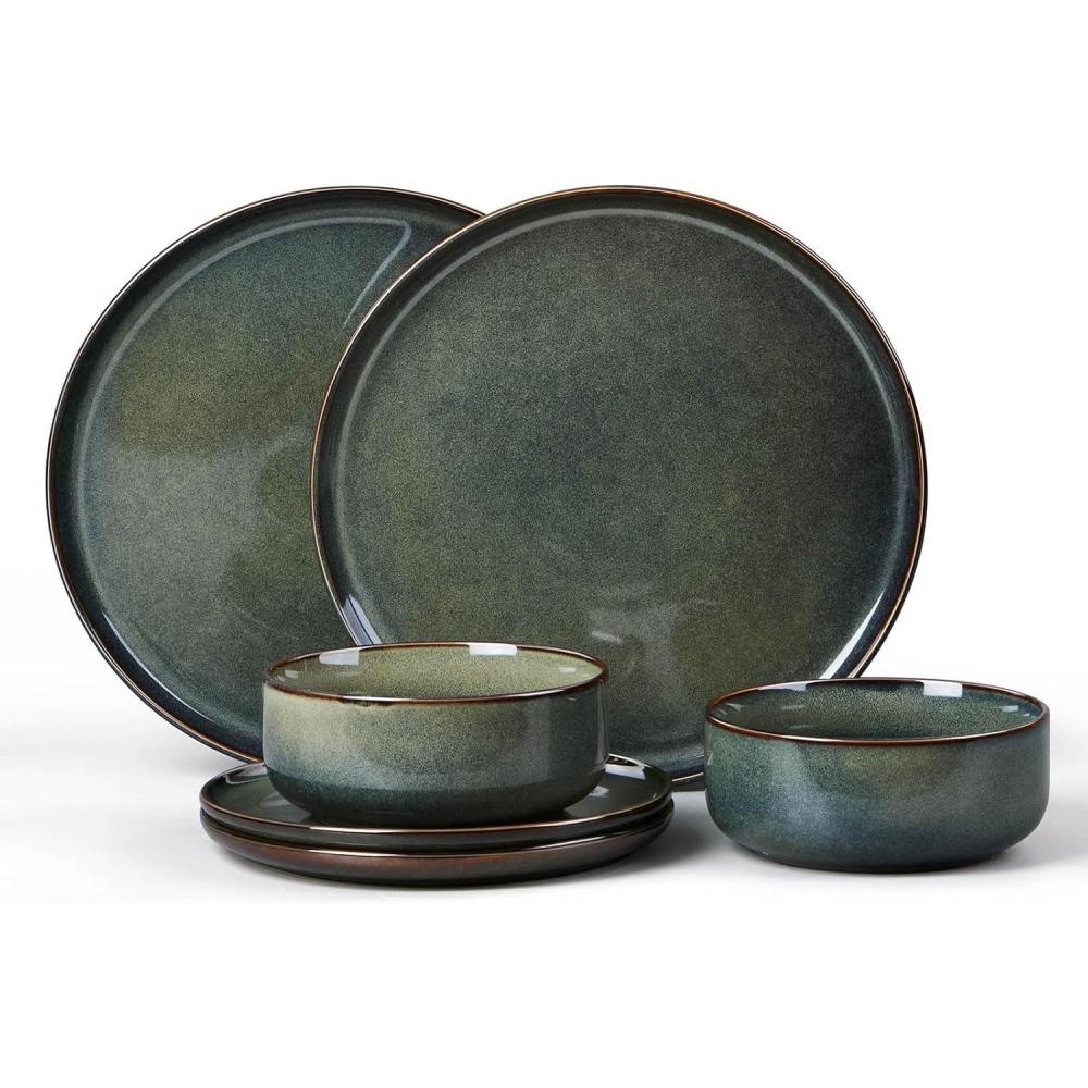 E-far 12-Piece Reactive Glaze Dinnerware Sets, Ceramic Dishes Set for 4, Stoneware Plates and Bowls Dinning Ware, Microwave & Dishwasher Safe – Ocean Blue(Obsidian Green)