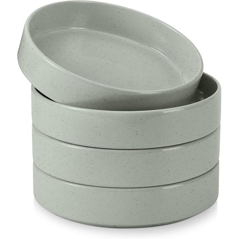 E-far Pasta Bowls Set of 4-35oz Shallow Ceramic Bowl Plates for Serving Dinner, Soup & Salad | Stoneware Pasta Plates | Microwave & Dishwasher Safe | Matte Black(Mist Green)