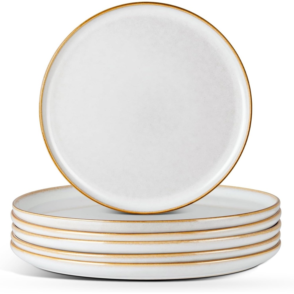 E-far 10.2 Stoneware Dinner Plates Set of 6, Large Modern Ceramic Dishes, Round Salad Plate for Home Kitchen Restaurant, Microwave & Dishwasher Safe – Matte Black(Seashell White)