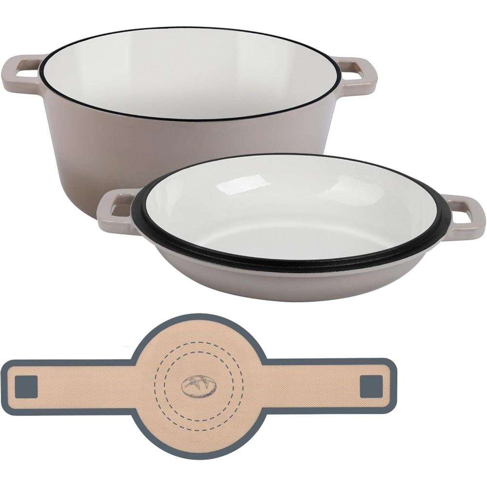 E-far Pre-Seasoned Cast Iron Dutch Oven, 5 Quart 2 in 1 Dutch Oven Pot with Skillet Lid and Silicone Bread Sling, Ideal for Bread Baking, Cooking, Stewing, Frying, Induction & Oven Safe – Black(Khaki)