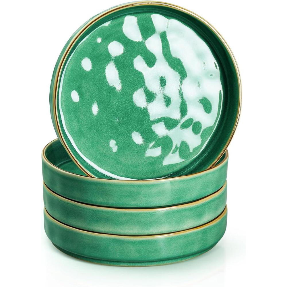 E-far Pasta Bowls Set of 4, 35oz Large Salad Bowls for Serving, Wide and Shallow Ceramic Plates for Kitchen, Double Reactive Glaze, Microwave and Dishwasher Safe, Seashell White(Green)