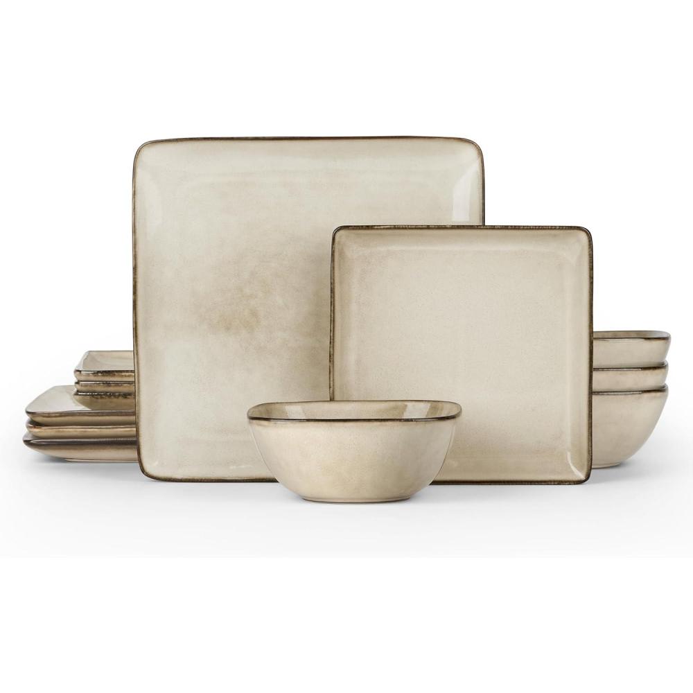 E-far Square Plates and Bowls Sets, 12-Piece Stoneware Dinnerware Sets for 4, Reactive Glaze Dish Set, Chip and Scratch Resistant, Microwave and Dishwasher Safe, Deep Sea Blue(Sandy Beige)