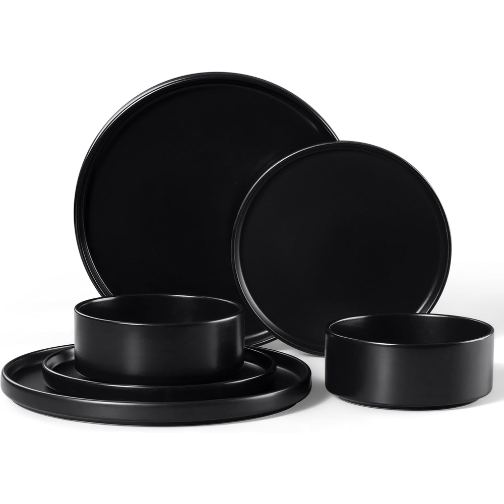 E-far 6-Piece Stoneware Dinnerware Sets, Plates and Bowls Set for 2, Kitchen Modern Dishes Set for Everyday & Formal, Chip and Scratch Resistant, Microwave & Dishwasher Safe, Speckled Gray(Matte Black)