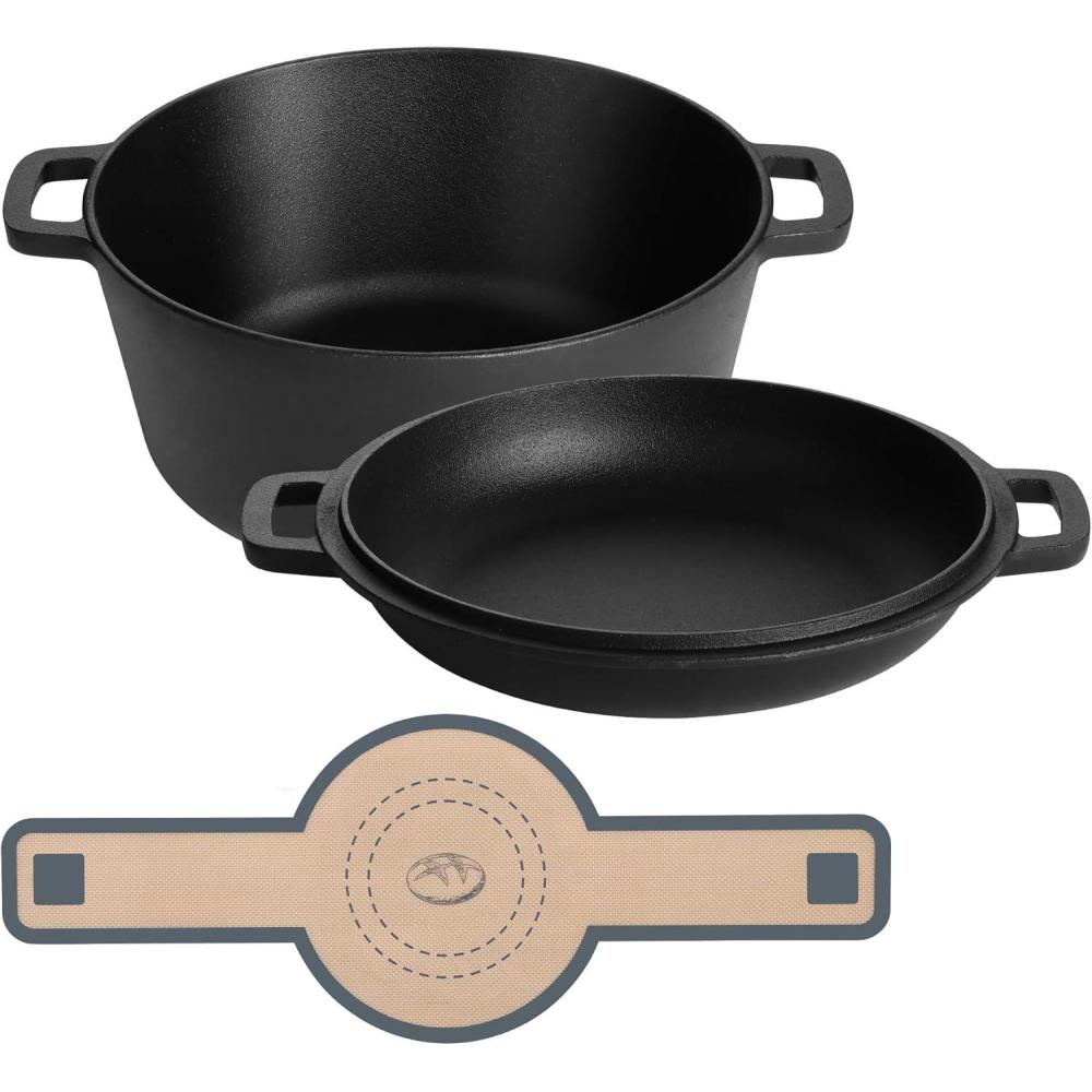 E-far Pre-Seasoned Cast Iron Dutch Oven, 5 Quart 2 in 1 Dutch Oven Pot with Skillet Lid and Silicone Bread Sling, Ideal for Bread Baking, Cooking, Stewing, Frying, Induction & Oven Safe – Black(Black)