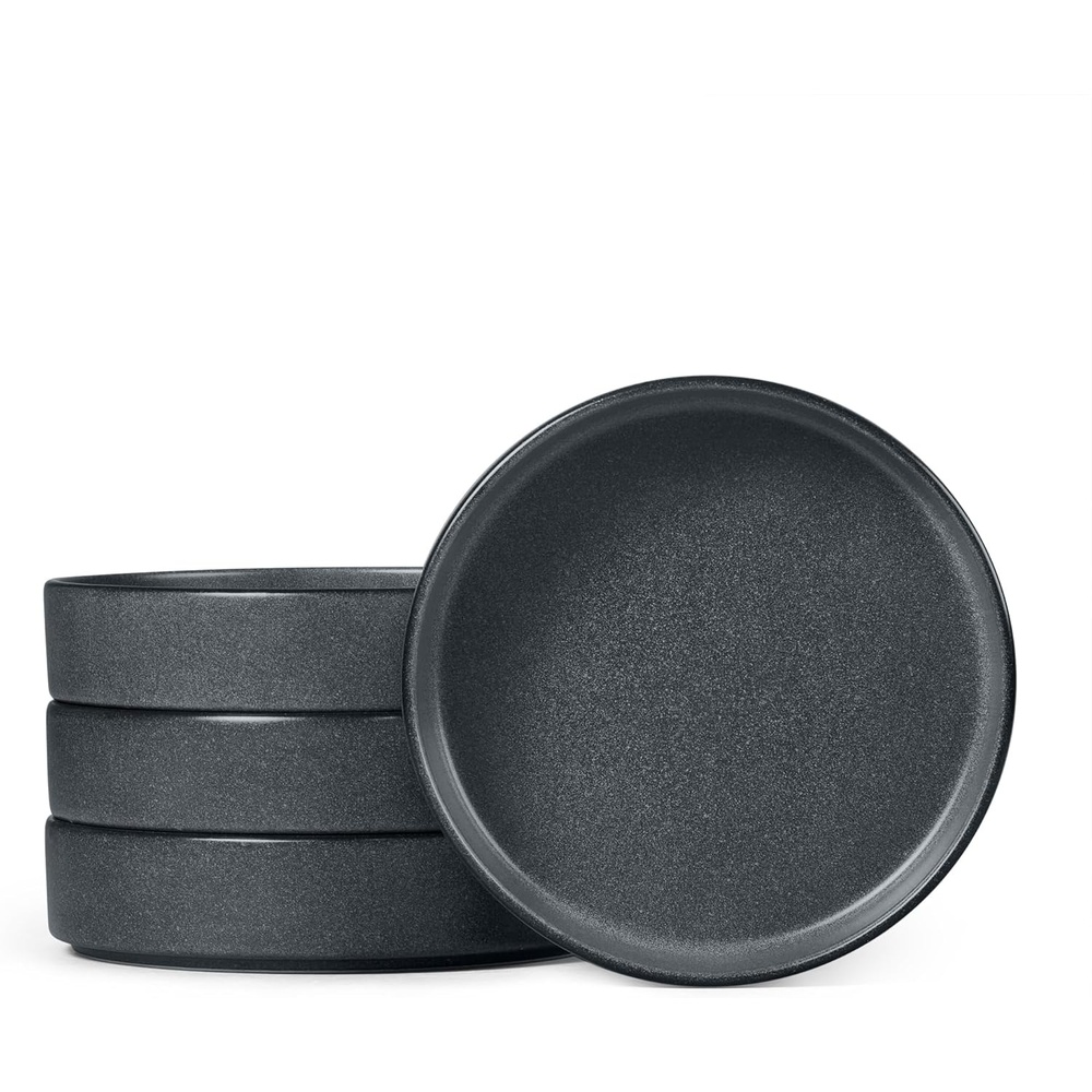 E-far Pasta Bowls Set of 4, 35oz Large Stoneware Bowl Plates | Reactive Glaze Shallow & Wide Ceramic for Soup Salad Dinner | Microwave & Dishwasher Safe, Deep Gray(Deep Gray)
