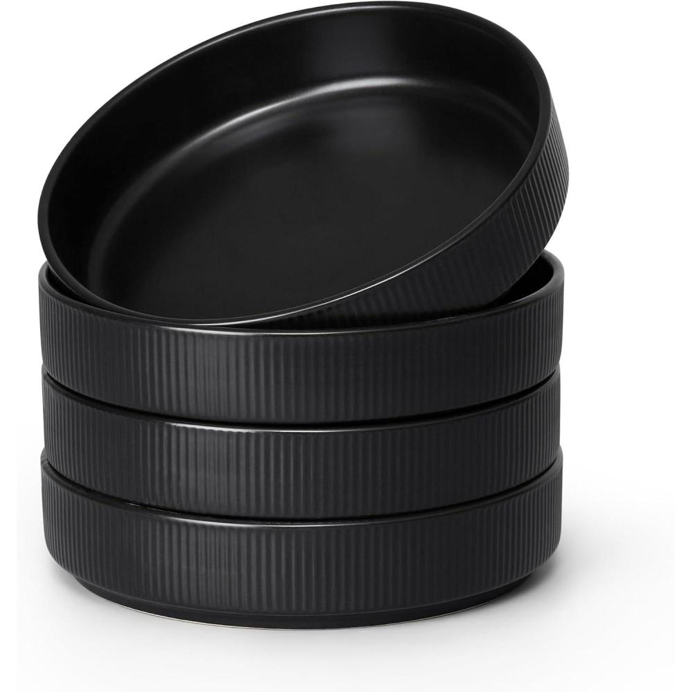 E-far Pasta Bowls Set of 4, 35oz Large Salad Bowl Plate for Dinner Serving, Wide & Shallow Ceramic Stoneware Pasta Plates, Microwave & Dishwasher Safe, Reactive Glaze Textured Stripes, Dark Blue(Matte Black)