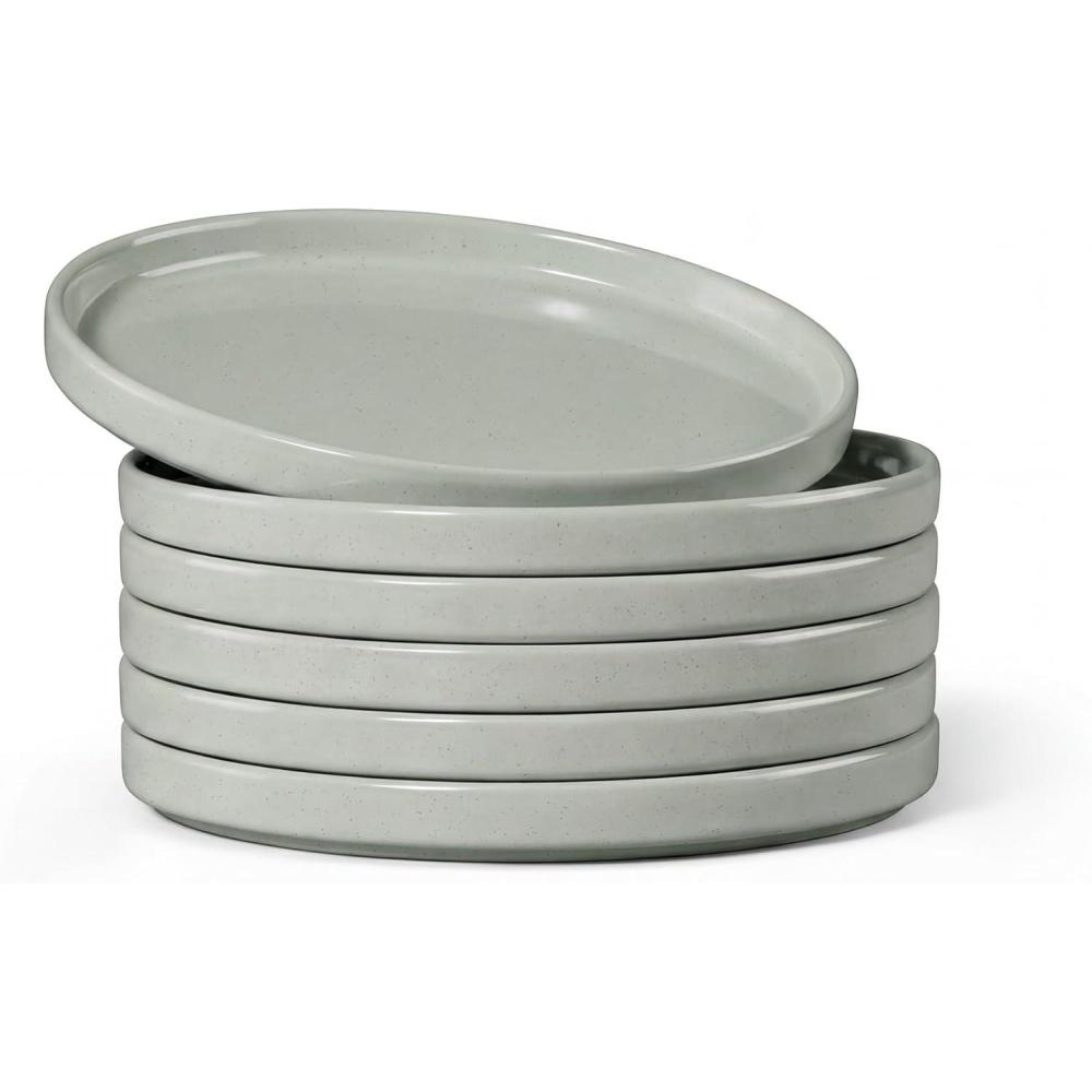 E-far 7.9 Inch Ceramic Dinner Plates, 6-Piece Stoneware Salad Plates with Raised Edges, Chip & Scratch Resistant | Microwave & Dishwasher Safe Dessert Dishes for Appetizer Salad, Speckled Khaki(Mist Green)