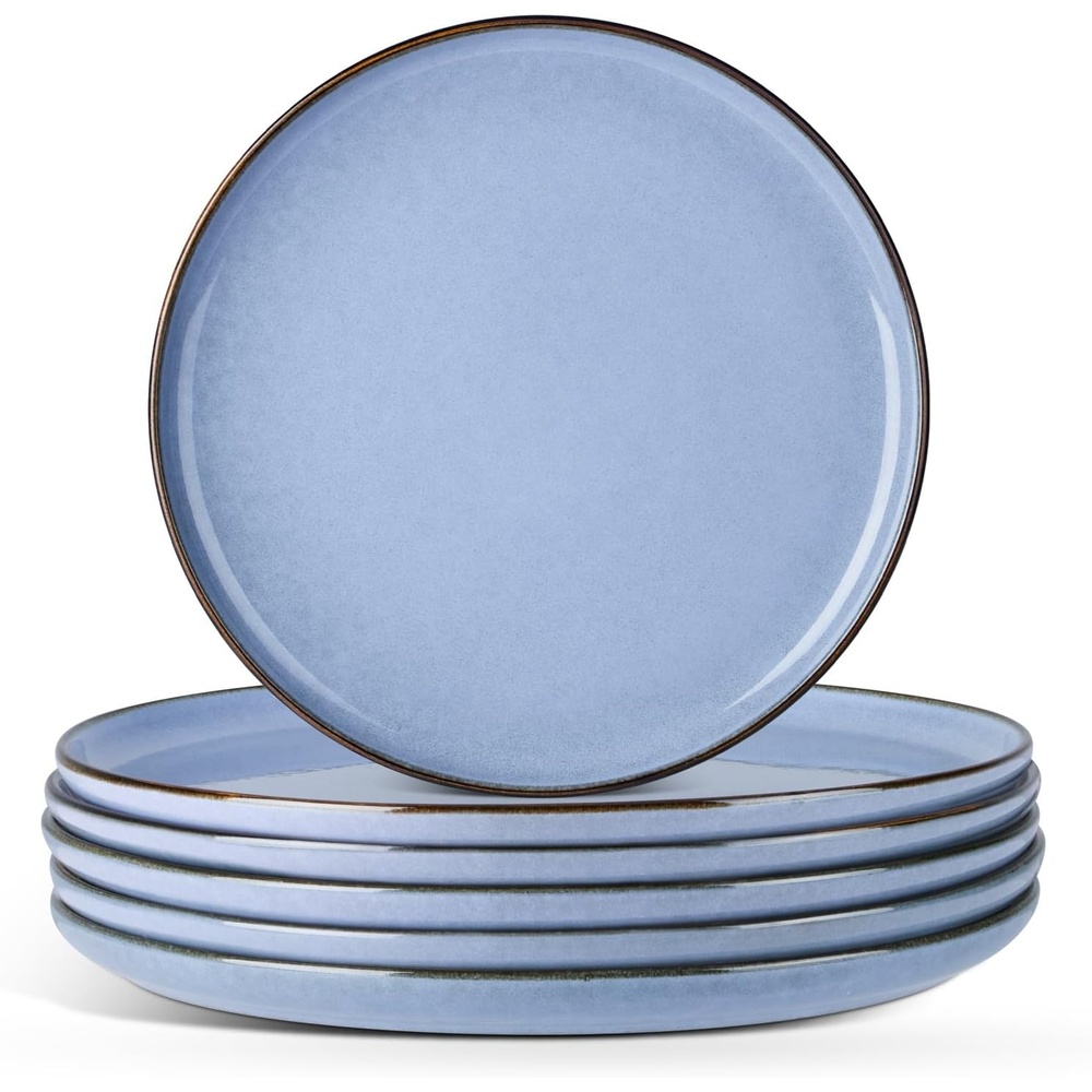 E-far 10.2 Stoneware Dinner Plates Set of 6, Large Modern Ceramic Dishes, Round Salad Plate for Home Kitchen Restaurant, Microwave & Dishwasher Safe – Matte Black(Ocean Blue)