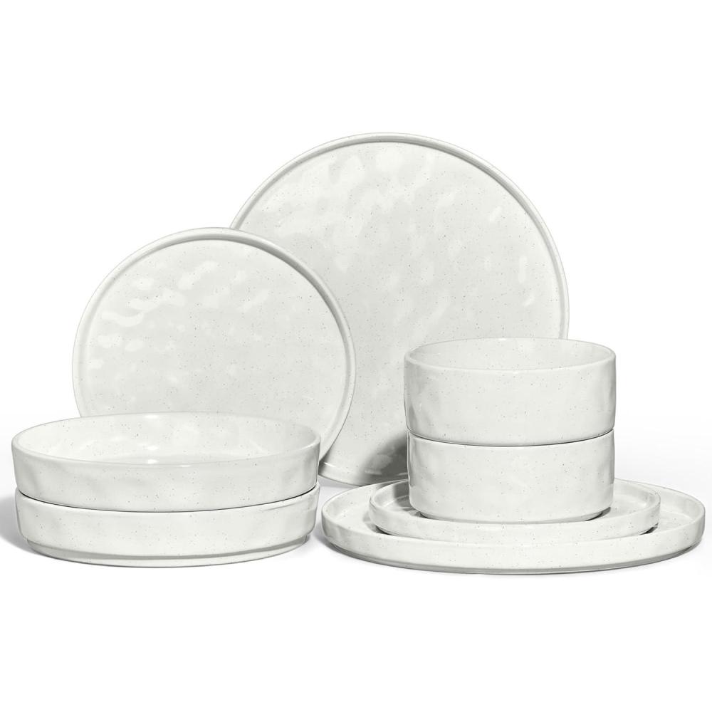 E-far 16-Piece Plates and Bowls Sets with Pasta Bowls – Stoneware Dinnerware Set for 4, Modern Ribbed Dishes, Microwave & Dishwasher Safe, Multicolor(Speckled White)