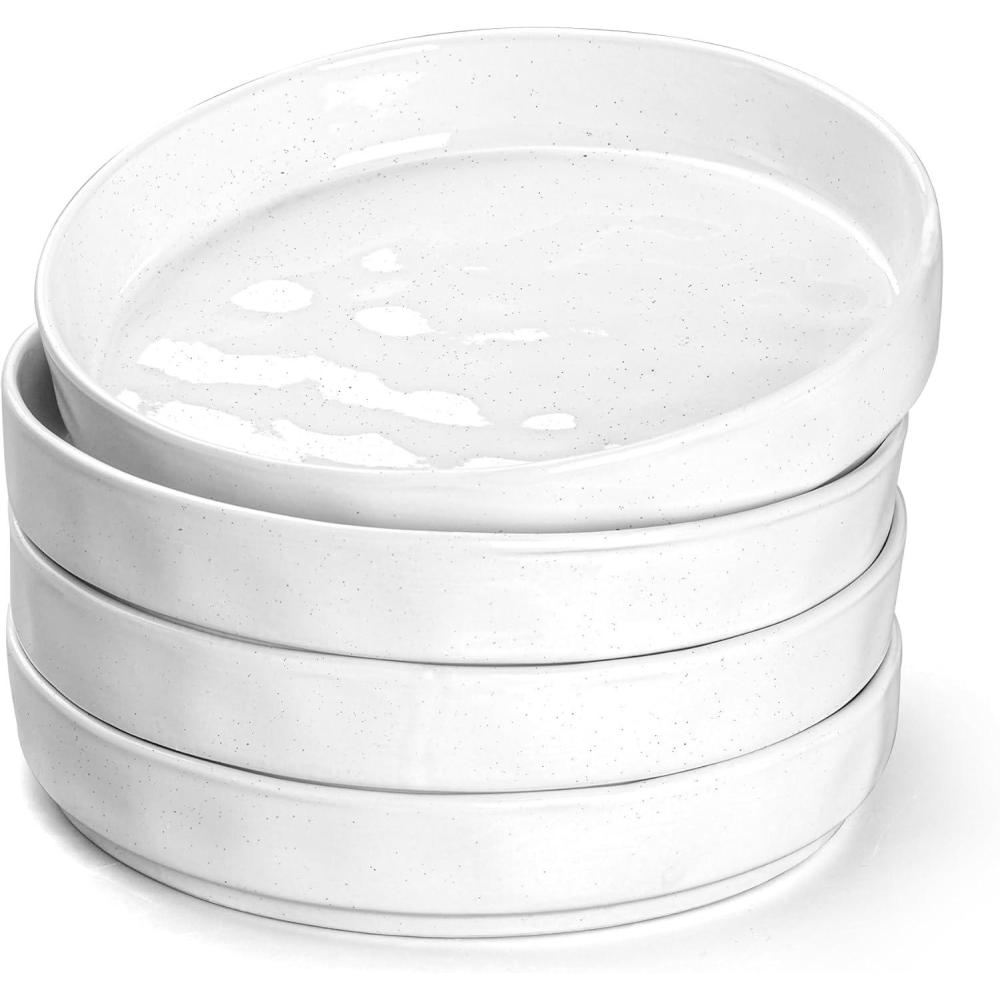 E-far Pasta Bowls Set of 4, 35oz Large Salad Bowls for Serving, Wide and Shallow Ceramic Plates for Kitchen, Double Reactive Glaze, Microwave and Dishwasher Safe, Seashell White(Speckled White)