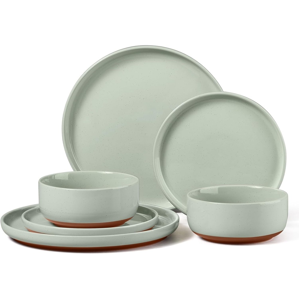 E-far 6-Piece Stoneware Plates and Bowls Sets, Dinnerware Sets for 2, Ceramic Dishware Dishes Set with Terracotta Base, Chip & Scratch Resistant, Microwave & Dishwasher Safe, Matte Black(Sage Green)