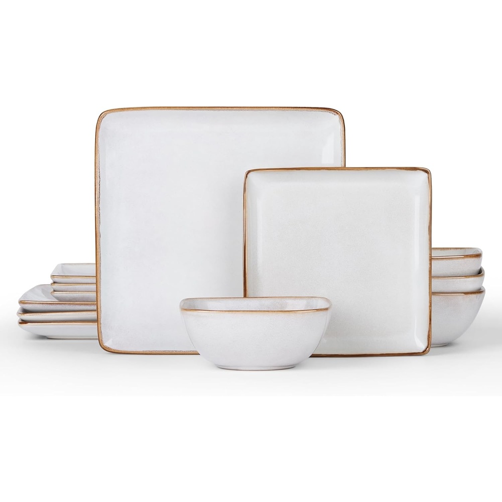 E-far Square plates and bowls Sets for 4, 12-Piece Reactive Glaze Stoneware Dinnerware Sets, Ceramic Dishes for Kitchen Dining, Microwave & Dishwasher Safe, Obsidian Green(Seashell White)