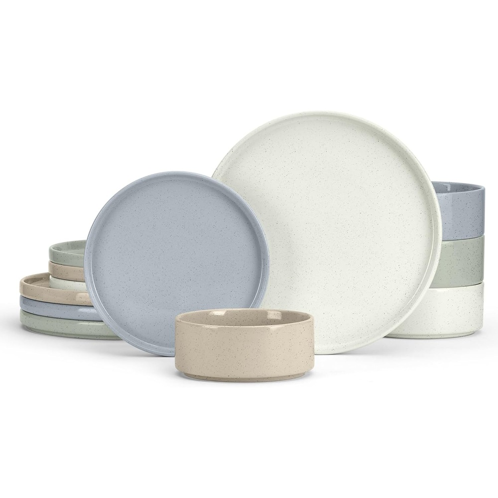 E-far 6-Piece Stoneware Dinnerware Sets, Plates and Bowls Set for 2, Kitchen Modern Dishes Set for Everyday & Formal, Chip and Scratch Resistant, Microwave & Dishwasher Safe, Speckled Gray(Multicolor)