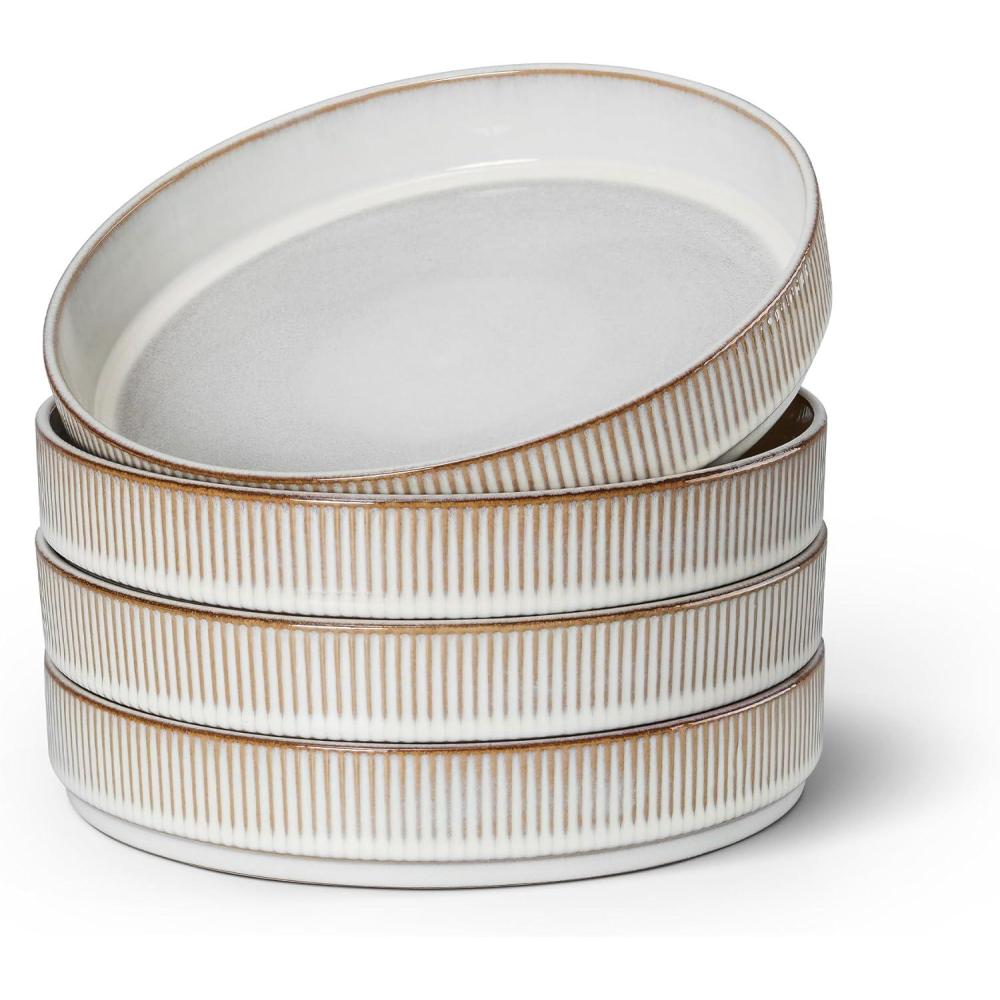 E-far Pasta Bowls Set of 6, 35oz Large Salad Bowl Plate for Dinner Serving Soup, Wide & Shallow Ceramic Stoneware Pasta Plates, Microwave & Dishwasher Safe, Textured Stripes & Speckled White, 8(Creamy Beige)