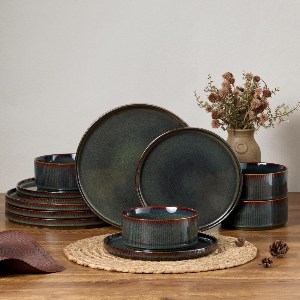 E-far 16 Piece Dinnerware Sets, Plates and Bowls with Pasta Bowls Service for 4, Modern Stoneware Ribbed Dishes for Kitchen Dining, Microwave & Dishwasher Safe, Speckled White(Blackish Green)