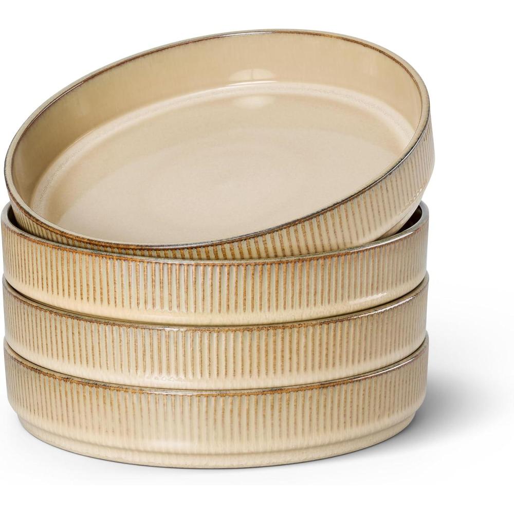 E-far Pasta Bowls Set of 4, 35oz Large Salad Bowl Plate for Dinner Serving, Wide & Shallow Ceramic Stoneware Pasta Plates, Microwave & Dishwasher Safe, Reactive Glaze Textured Stripes, Dark Blue(Caramel Khaki)
