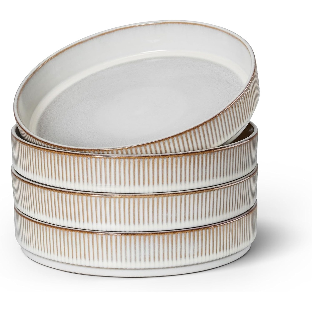 E-far Pasta Bowls Set of 6, 35oz Large Salad Bowl Plate for Dinner Serving Soup, Wide & Shallow Ceramic Stoneware Pasta Plates, Microwave & Dishwasher Safe, Reactive Glaze Texture-Stripe, Matte Black(Creamy Beige)