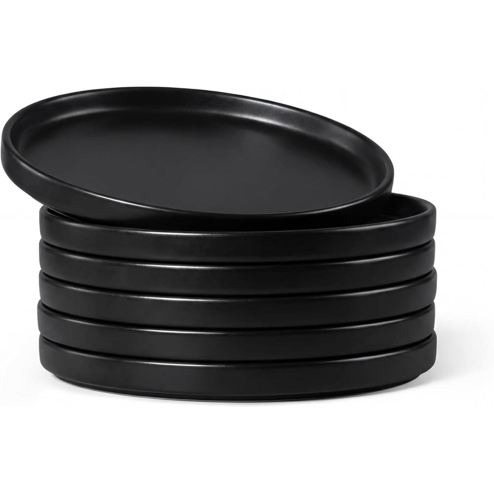 E-far 7.9 Inch Ceramic Dinner Plates, 6-Piece Stoneware Salad Plates with Raised Edges, Chip & Scratch Resistant | Microwave & Dishwasher Safe Dessert Dishes for Appetizer Salad, Speckled Khaki(Matte Black)