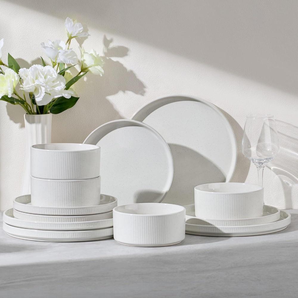 E-far 16 Piece Dinnerware Sets, Plates and Bowls with Pasta Bowls Service for 4, Modern Stoneware Ribbed Dishes for Kitchen Dining, Microwave & Dishwasher Safe, Speckled White(Speckled White)