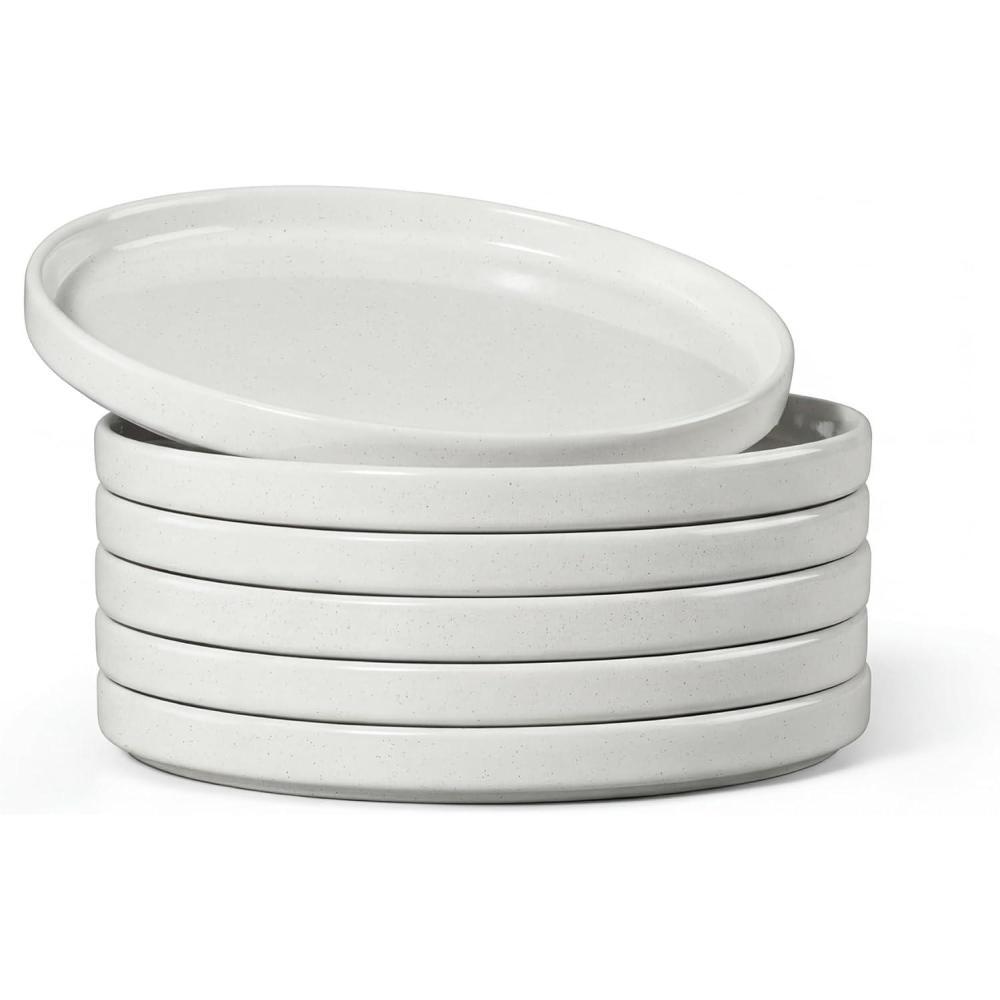 E-far 7.9 Inch Ceramic Dinner Plates, 6-Piece Stoneware Salad Plates with Raised Edges, Chip & Scratch Resistant | Microwave & Dishwasher Safe Dessert Dishes for Appetizer Salad, Speckled Khaki(Speckled White)