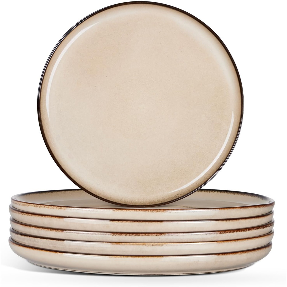 E-far 10.2 Stoneware Dinner Plates Set of 6, Large Modern Ceramic Dishes, Round Salad Plate for Home Kitchen Restaurant, Microwave & Dishwasher Safe – Matte Black(Sandy Beige)