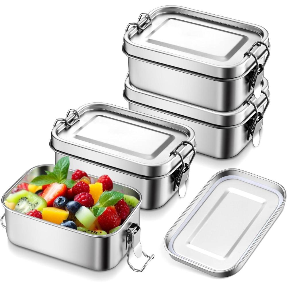 E-far Stainless Steel Bento Box, Large 1400ml Metal Bento Lunch Box Container, 49oz Leak-Proof Lunch Container with Lids and 2 Removable Dividers, Reusable Meal Storage for Camping Picnic Travel Work(4)