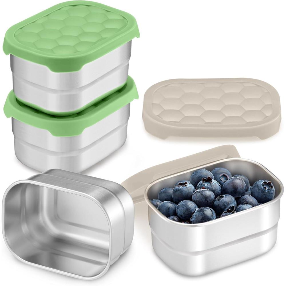 E-far 4-Pack Stainless Steel Snack Containers for Kids | 8oz Reusable Toddler Lunch Box Containers with Leak-Proof Lids for School/Daycare/Travel | Stackable Design & Easy Open, Oven & Dishwasher Safe(Green & Khaki)