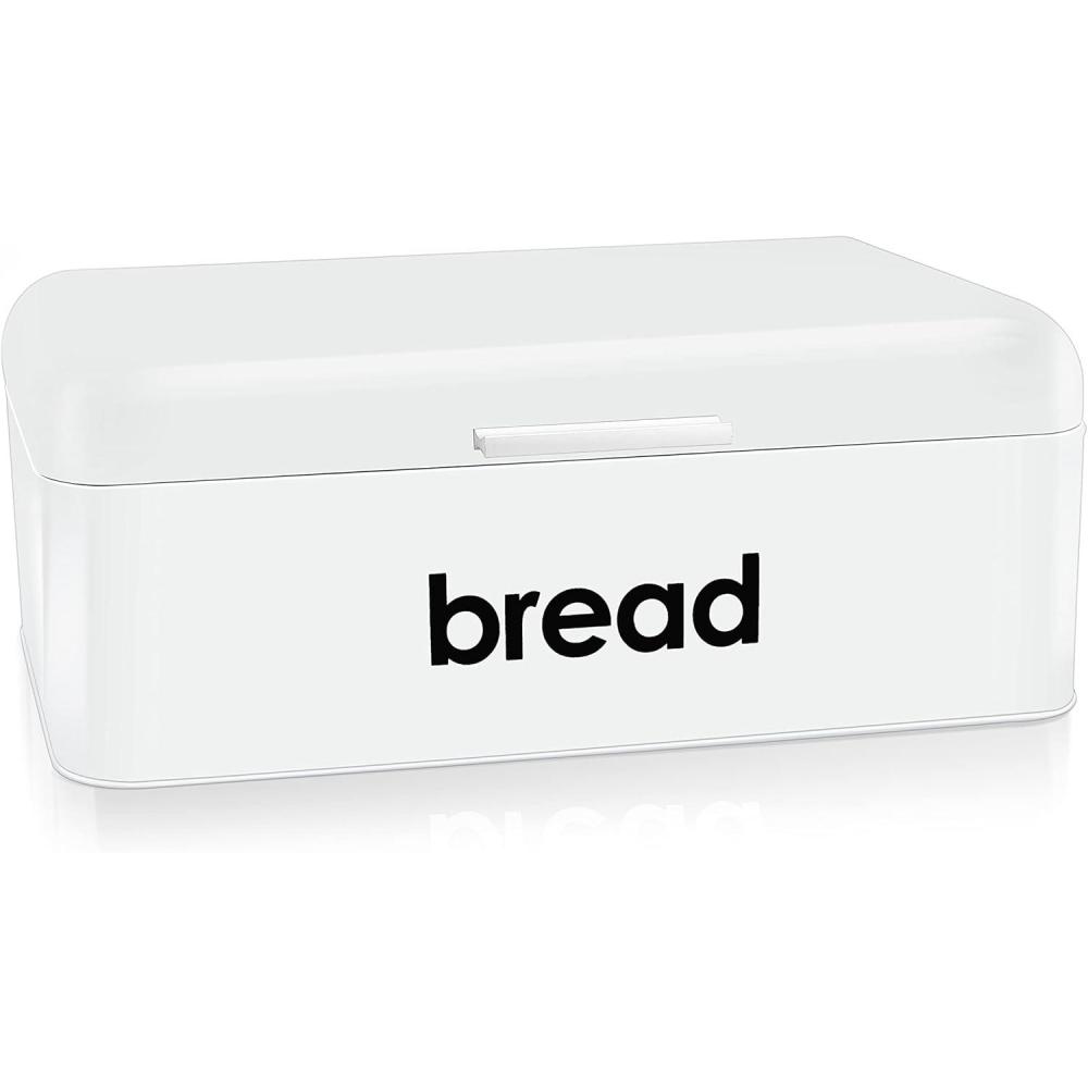 E-far Vintage Bread Box for Kitchen Countertop, Black Metal Bread Storage Container Retro Bread Bin for Pastries/Loaves/Dry Food, Large Capacity & Modern Design (16.7 x 9 x 6.4)(White)