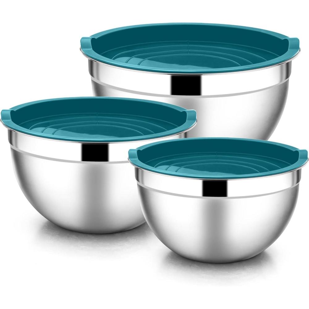 E-far Mixing Bowls With Lids Sets of 5, 10-Piece Stainless Steel Salad Metal Nesting Bowl for Baking Cooking and Prepping, Airtight Lid & Stackable Design, Size 4.6, 3, 2.1, 1.5, 0.7 QT, Khaki(Dark Blue)