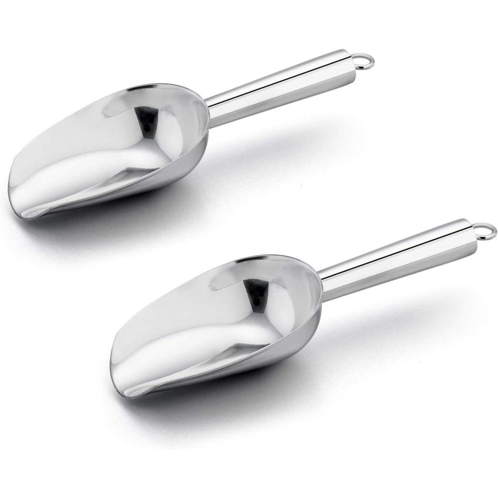 E-far 6 Ounce Ice Scoop Set of 2, Small Stainless Steel Scoops for Ice Cube/Candy/Flour/Sugar, Metal Utility Scoops for Canisters, Baking, Kitchen Pantry, Rust Free & Dishwasher Safe(Silver)