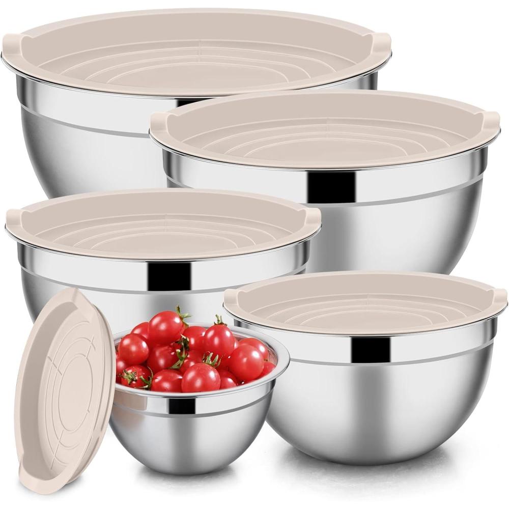 E-far Mixing Bowls with Lids Set of 5, Stainless Steel Mixing Bowls Metal Nesting Bowls with Airtight Lids, Non-toxic & Dishwasher Safe, Great for Cooking, Baking, Serving – Size 0.7/1/1.5/3/4.6QT(Khaki)