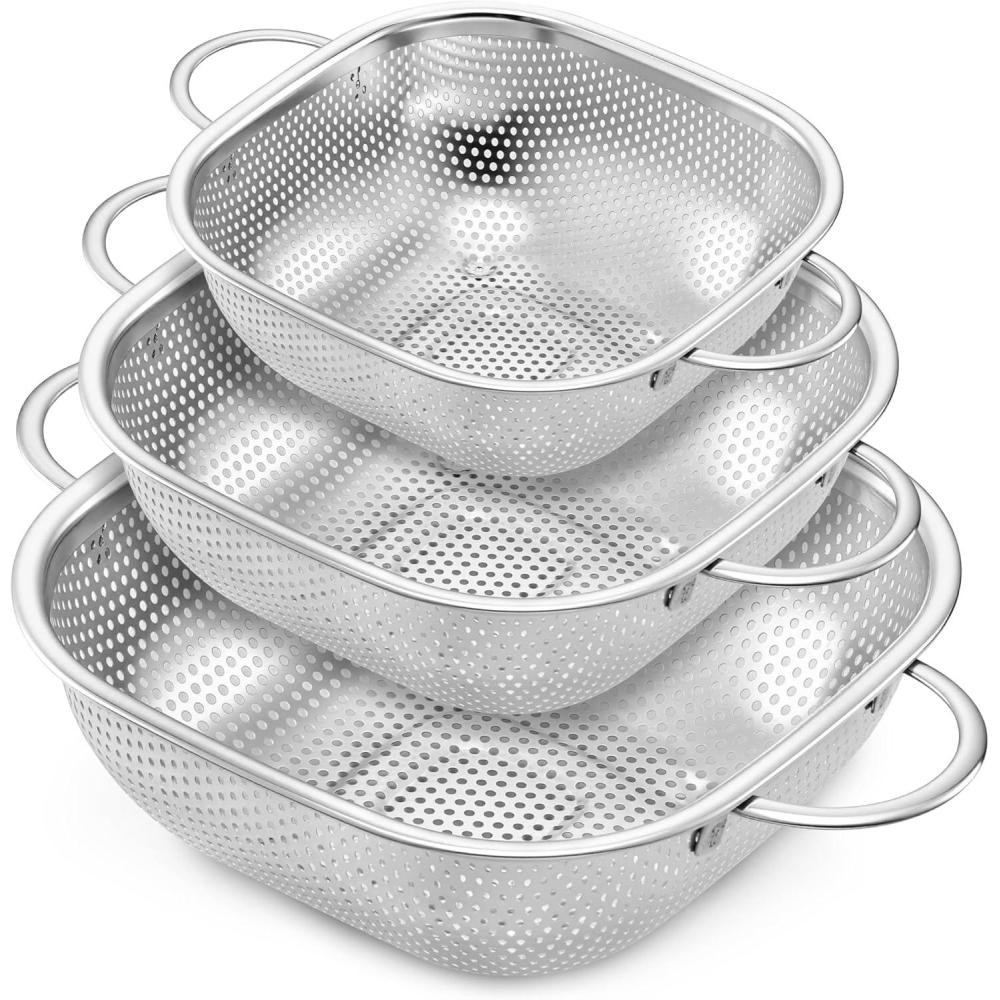 E-far 3 Pack Colander for Kitchen, Square Stainless Steel Metal Strainer Colander with Handle for Draining Food Pasta Vegetable, Micro-Perforated & Elevated Feet, Dishwasher Safe(2.4/4/6QT)