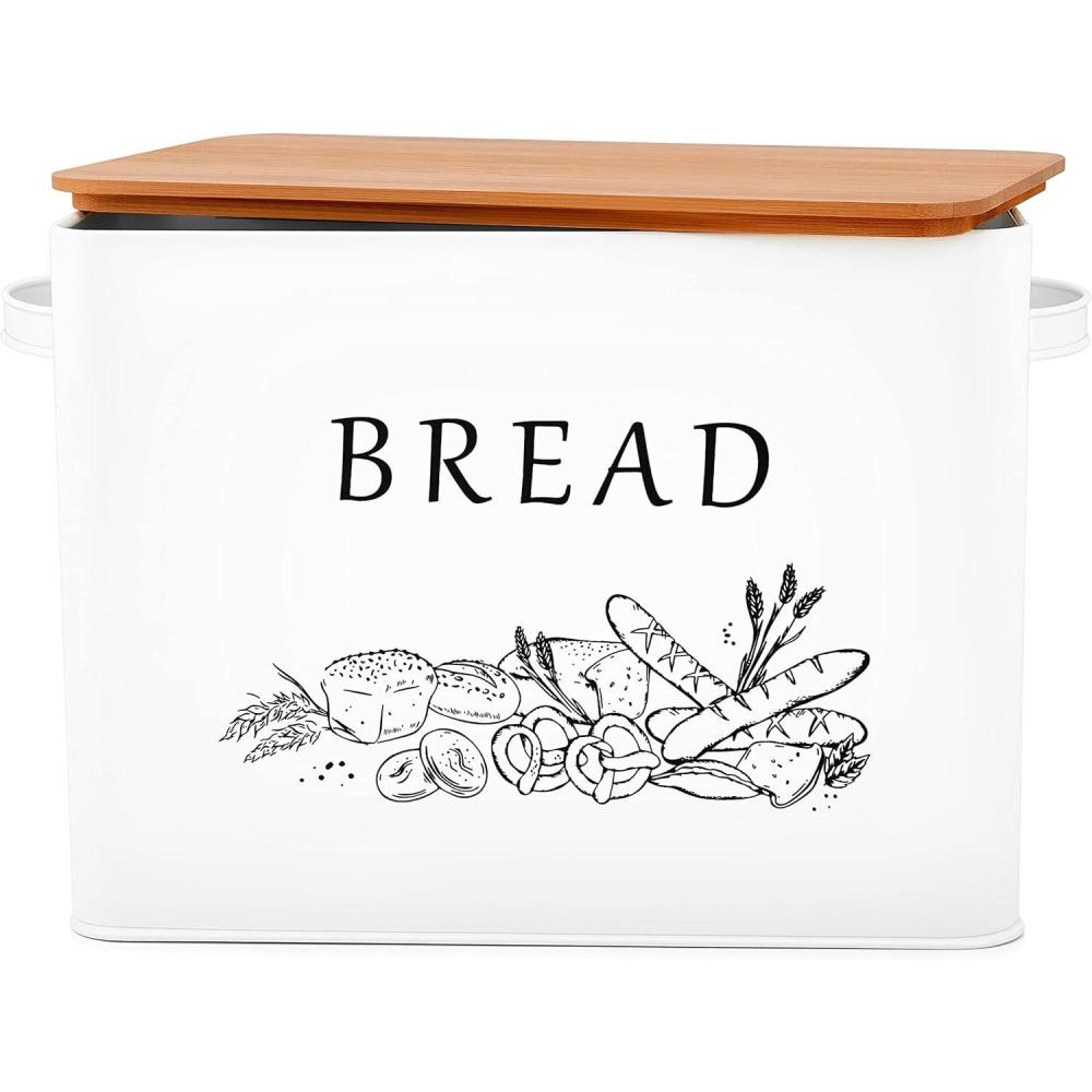 E-far Bread Box for Kitchen Countertop, Metal Bread Storage Container Bin with Bamboo Lid for Cutting Bread, Extra Large & Farmhouse Style, 13 x 7.2 x9.8, Black(White)