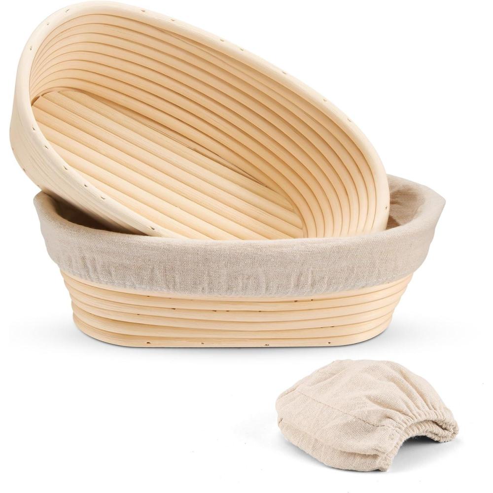 E-far Bread Proofing Basket Set of 2, 9 Inch Round Dough Bowls for Rising, Sourdough Bread Baking Supplies with Liners for Home and Professional Baking(Oval)