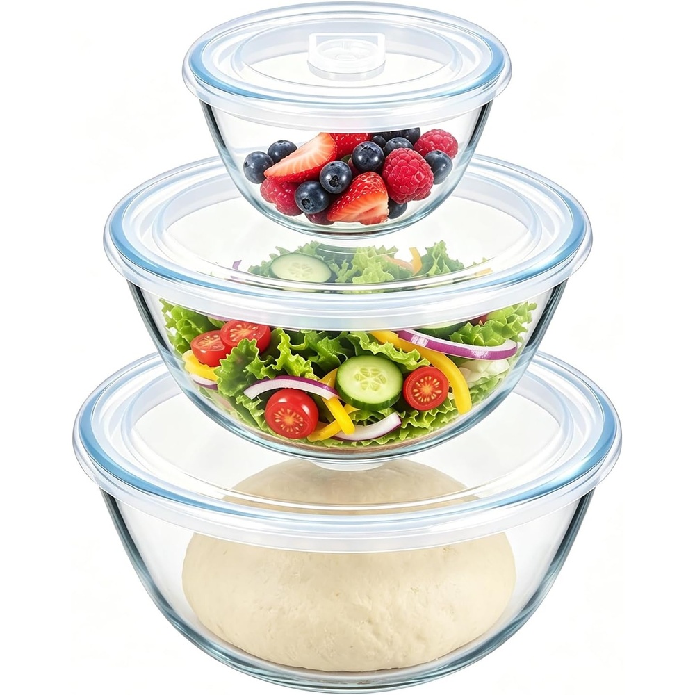 E-far Glass Mixing Bowls with Airtight Lids Set of 3, 4.8,2.9,0.8 Qt Clear Glass Salad Bowls for Cooking Prep Baking Serving, Large Nesting Bowls for Storage Sourdough Proofing, Dishwasher Safe