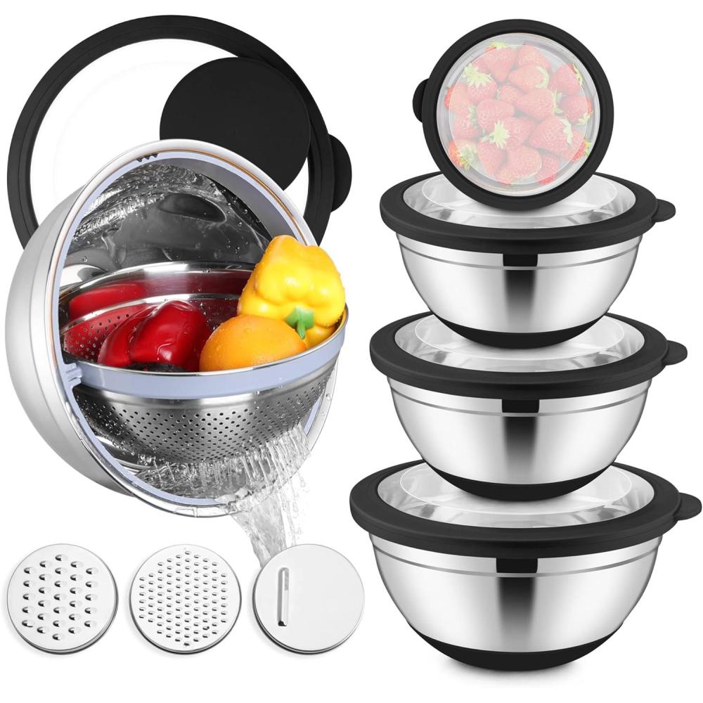 E-far Mixing Bowls with Lids Set, 15PCS Stainless Steel Mixing Nesting Bowl with Colander & 3 Metal Grater for Kitchen Prep/Baking/Storage, Non-Slip Bottom & Airtight Lid, 4.6, 3, 1.5, 1, 0.7QT, Khaki(Black)