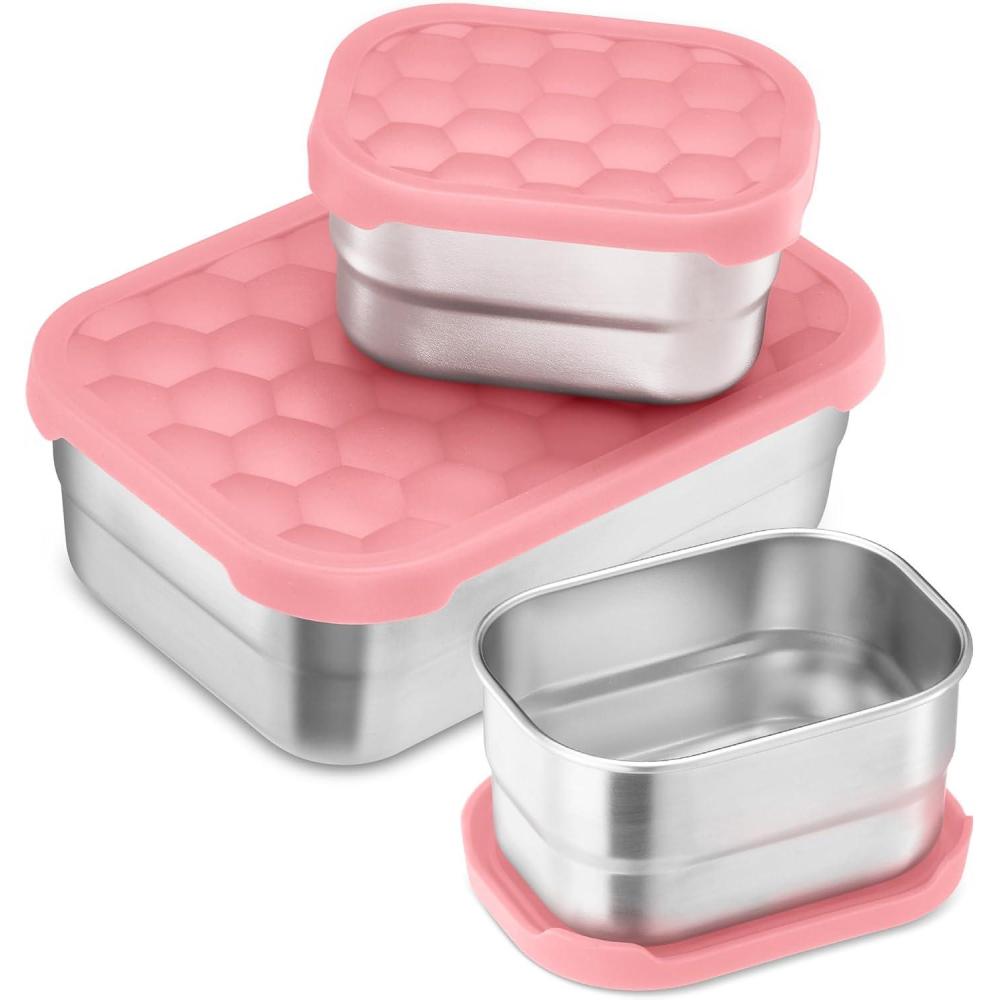 E-far 4-Pack Stainless Steel Snack Containers for Kids | 8oz Reusable Toddler Lunch Box Containers with Leak-Proof Lids for School/Daycare/Travel | Stackable Design & Easy Open, Oven & Dishwasher Safe(Pink)