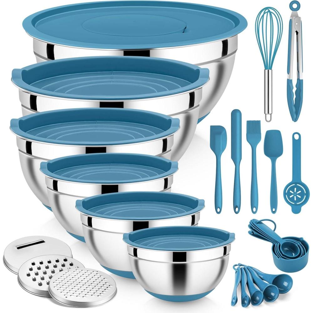E-far 25PCS Mixing Bowls with Lid Set, Stainless Steel Nesting Prep Bowls with Grater Attachments Non-Slip Bottoms for Cooking, Serving, Food Storage, 4.6/2.6/2/1.5/1/0.7QT – Khaki(Blue)