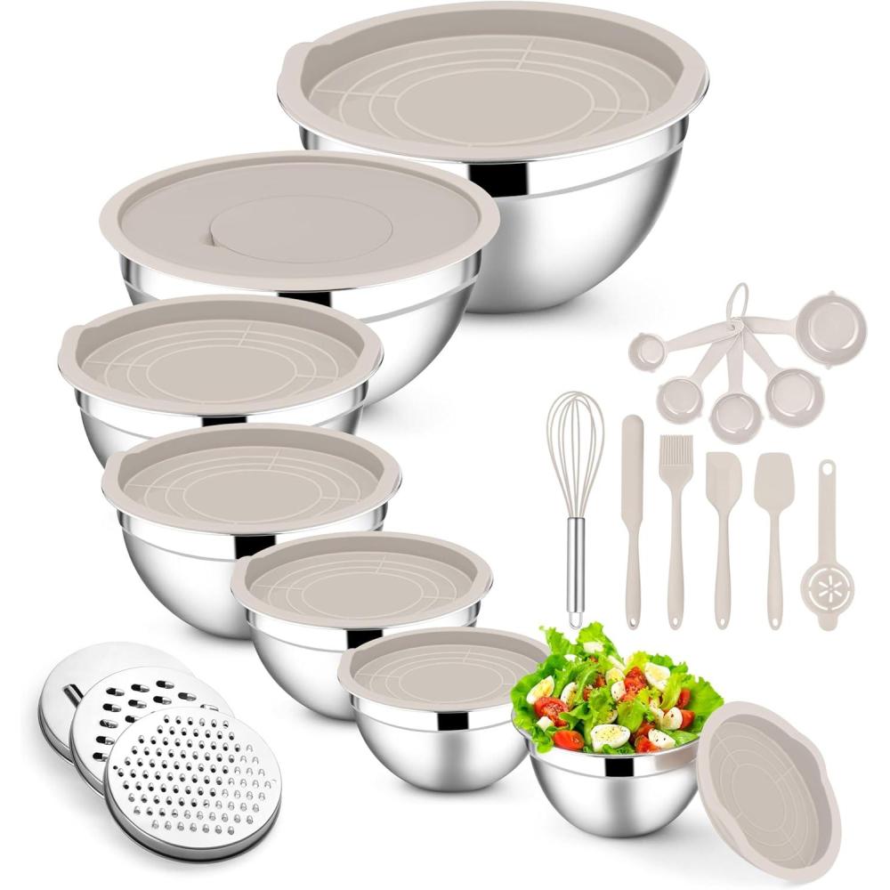 E-far Stainless Steel Mixing Bowls with Lids Set, 5-Piece Nesting Salad Bowls with 3 Grater Attachments and Non-Slip Bottoms, Size 4.6, 2.6, 2, 1.5, 1QT for Kitchen (Black)(Khaki)