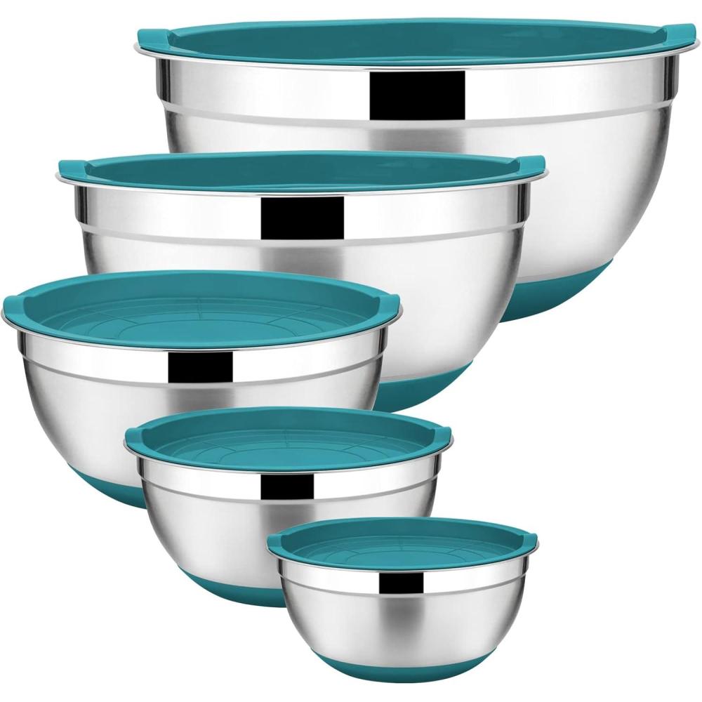 E-far Stainless Steel Mixing Bowls Set of 5, Size 7/3.5/2.5/1.5/1 QT, Metal Nesting Bowls with Black Airtight Lids & Non-Slip Bottoms, Great for Kitchen Cooking, Baking, Serving, Food Prep(Teal Blaue)