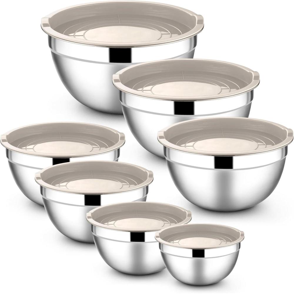 E-far Stainless Steel Mixing Bowls with Airtight Lids, 7-Piece Metal Nesting Bowls with Black Lids for Saving Storage Space, Size 7, 4.6, 3, 2, 1.5, 1, 0.7QT, Great for Baking/Cooking/Prepping(Khaki)