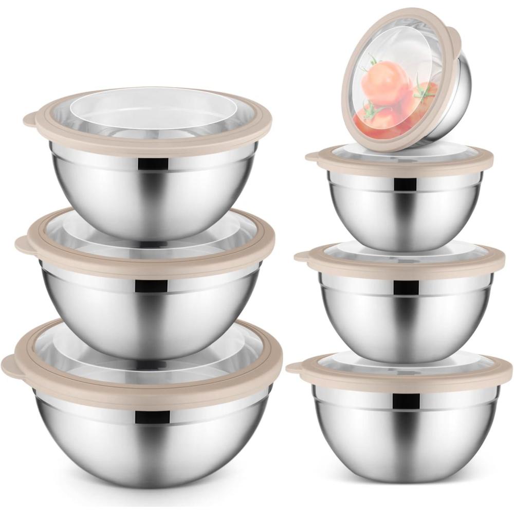 E-far Mixing Bowls Set of 7, Stainless Steel Mixing Bowls with Airtight Clear Lids, Metal Nesting Bowls for Kitchen Prep, Baking, Serving, Dishwasher Safe, Size 4.6, 3.5, 3, 2, 1.5, 1, 0.7QT, Black(Khaki)