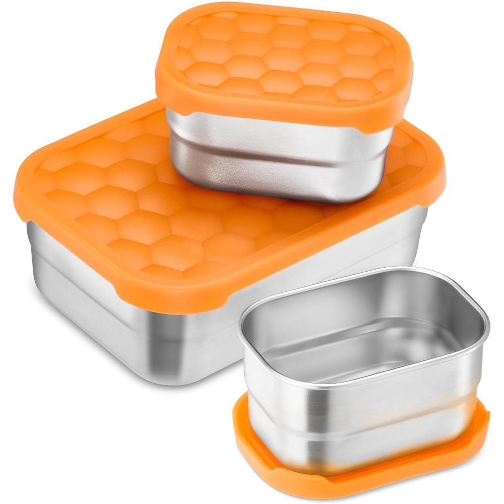 E-far 4-Pack Stainless Steel Snack Containers for Kids | 8oz Reusable Toddler Lunch Box Containers with Leak-Proof Lids for School/Daycare/Travel | Stackable Design & Easy Open, Oven & Dishwasher Safe(Orange)